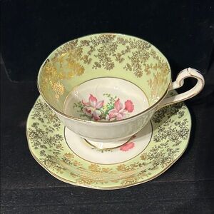 50s Queen Ann Light Green with Pink Yellow Orchid Tea Cup and Saucer